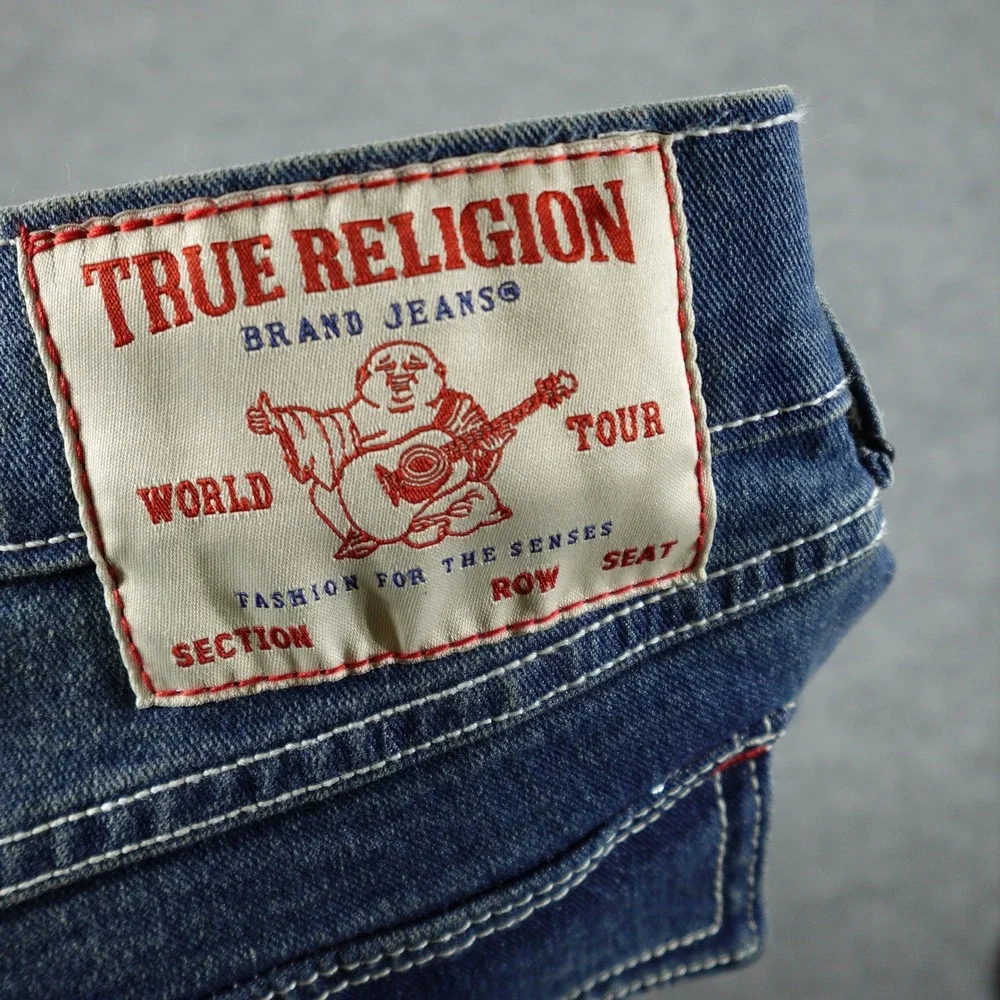 True Religion Jeans Mens 34 Blue Billy Relaxed Bootcut Red Graphic Comet Wash